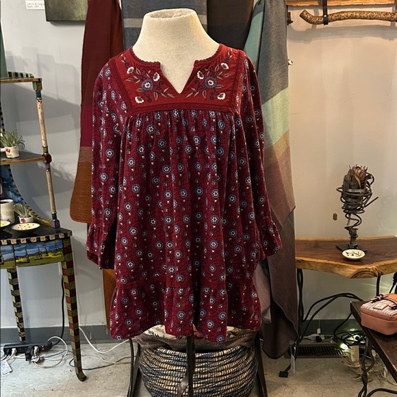 April Cornell Red Floral Blouse Boho Cottage Core - Picture 1 of 8